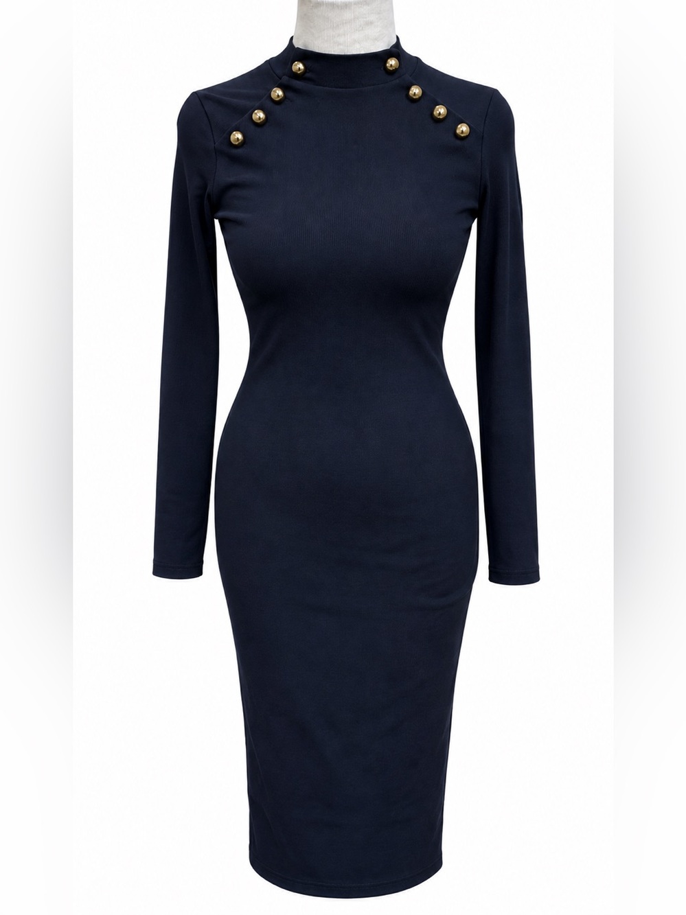 H&M Navy Long-Sleeve Midi Dress with Gold Buttons XS